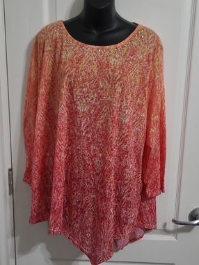 Ruby Rd. Coral-Pink Embellished Flowing Asymmetrical Tunic Size 2X